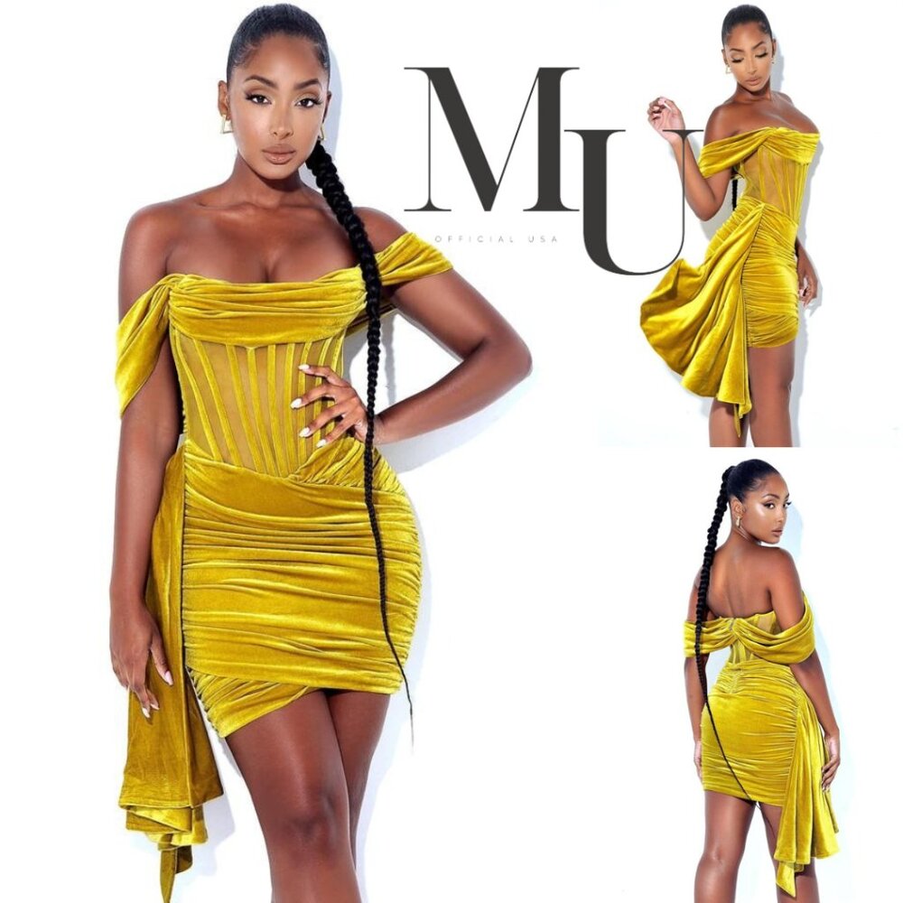 💛Irisa Gold Draping Off Shoulder Corset Dress💛